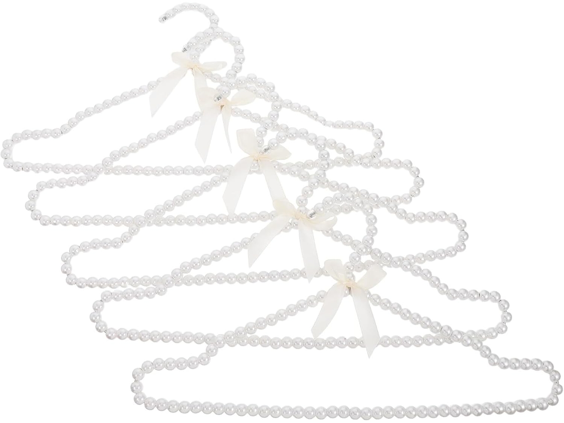 Juego 5 Perchas Plástico Blanco Decoración Perlas Vestidos Novia Camisas Diseño Versátil Acabado Refinado