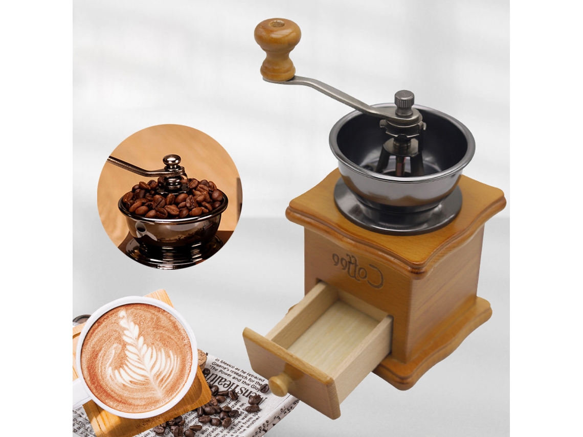 Molinillo de café de madera vintage con diseño retro para uso doméstico.