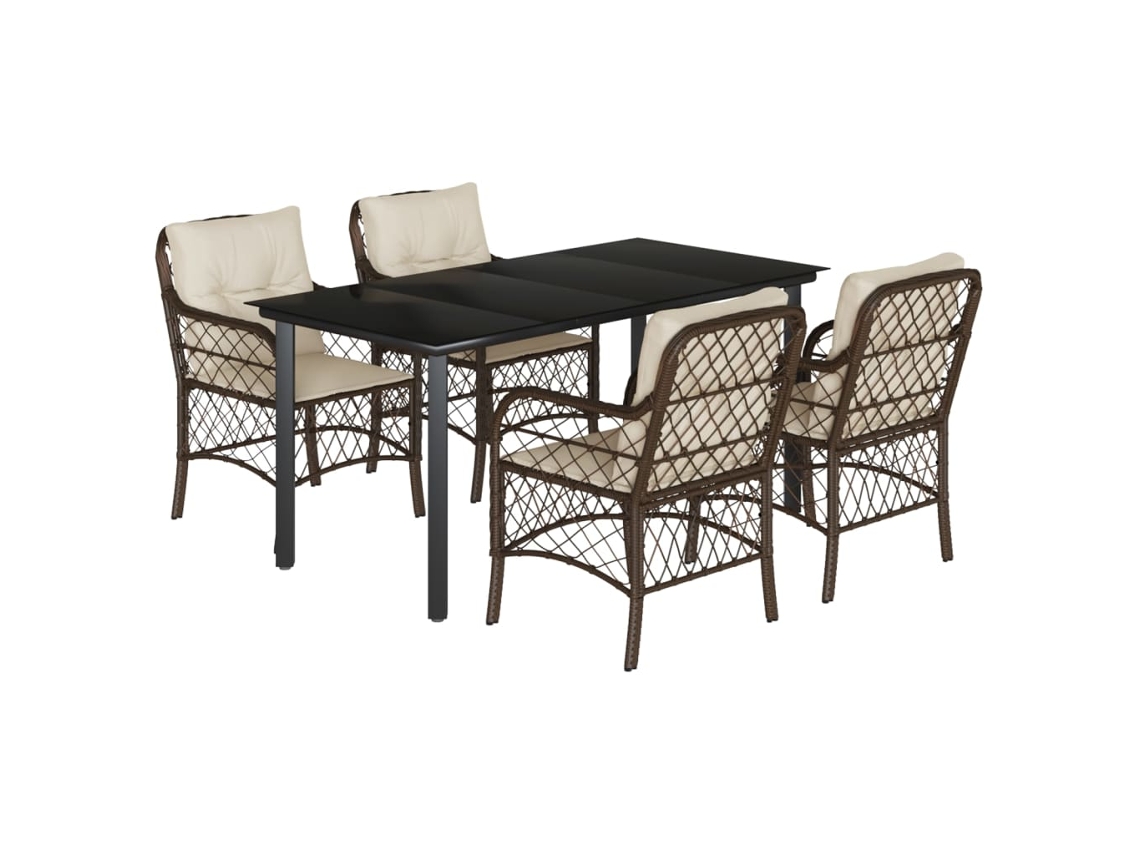 Juego de 5 piezas de comedor de jardín con cojines de mimbre, patas marrones, EXCLUSIVA MAISON