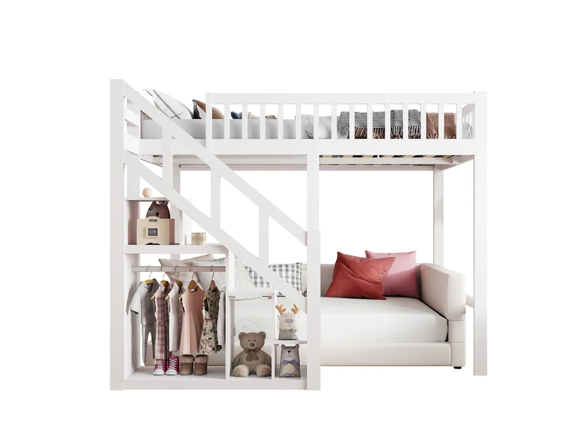 Litera 90x200 cm con escalera y almacenaje, cama infantil y cama alta con barandilla de seguridad, madera blanca Ycone.