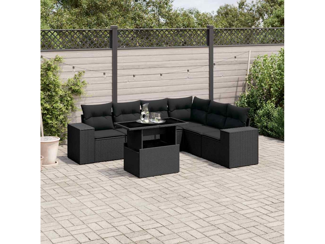 Conjunto de sofá de jardín de 7 piezas con cojines de mimbre negro de DKD Home Decor