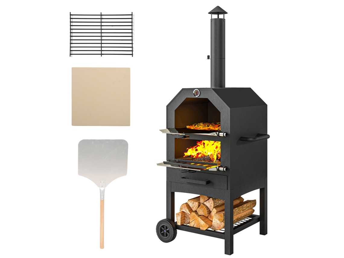 Horno de pizza 2 en 1 con exterior, piedra refractaria, cenicero y termómetro - Negro