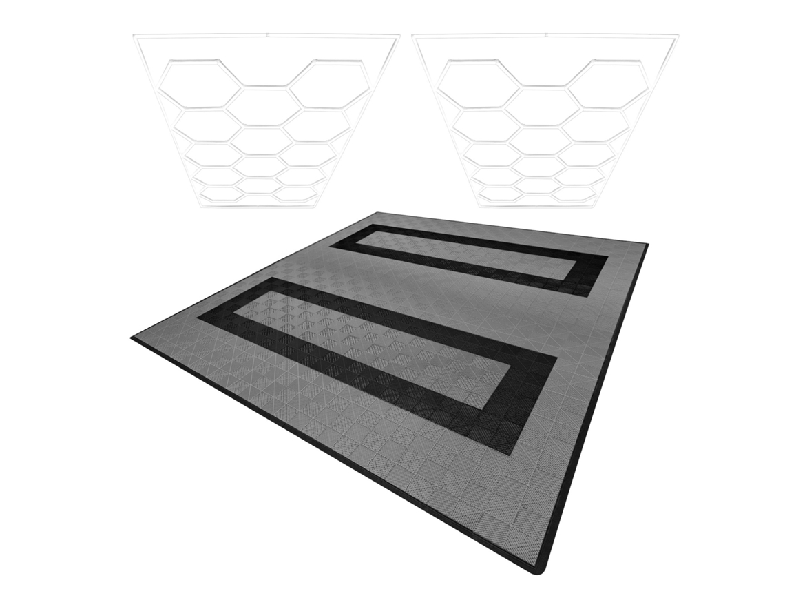 Plafones de polipropileno con cantos grises (x165) y negros (x60). Plafón LED hexagonal (x2 unidades). Monstershop (225 unidades).