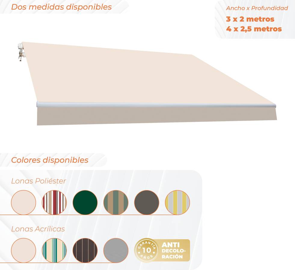 Smartsun Classic Toldo completo 3x2m color crudo lona estructura de aluminio. regulable en inclinación. manivela 3x2