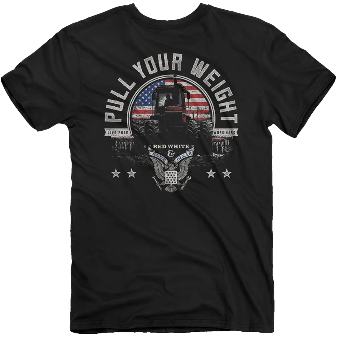 Camiseta unissex Rockinstone com estampa de trator nas cores vermelho, branco e azul. Tamanho: P
