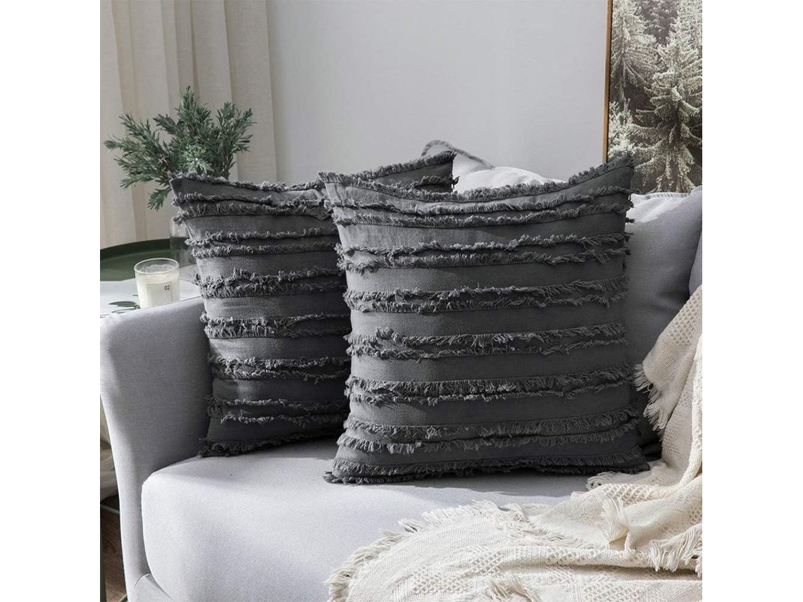 Rebe-2 Fundas De Almohada Decorativas Boho Estampado Rayas Jacquard Lino 45x45 Cm Gris Oscuro