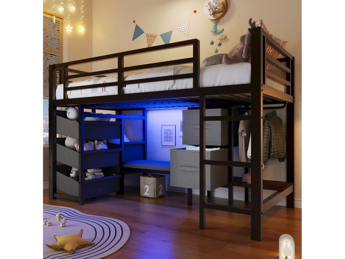 Cama Alta 90x200 Cm - Con Cojín, Almacenamiento, Led Multicolor, Ganchos - Negro