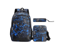 Mochila escolar de tres piezas para hombre y mujer, gran capacidad, azul