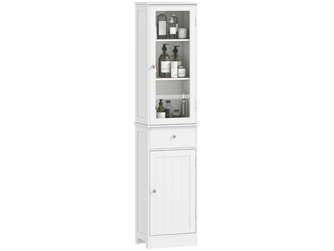 Mueble De Baño Columna Que Ahorra Espacio Con Armario, Cajón Y Estantes De Mdf, 40x27x171,5cm, Blanco