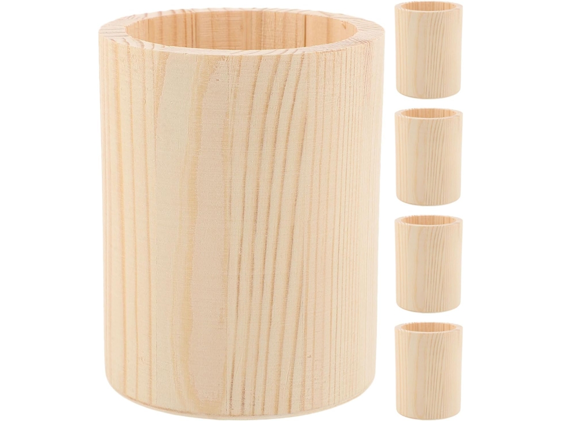 Portalápices Redondo De Madera Natural De 5 Piezas – Organizador De Escritorio Cilíndrico De Pino Natural