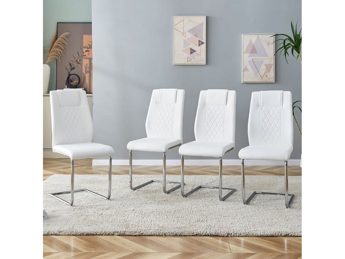 Sillas De Comedor 4 Unidades - Estilo Escandinavo, Pu, Respaldo De Malla, Patas Metálicas Antideslizantes - Blanco+plata