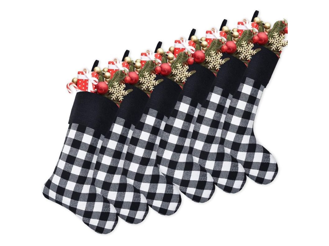 6 Calcetines Navideños A Cuadros Blancos Y Negros Con Puños Negros, De 45 Cm (18 Pulgadas), Para Colgar En La Chimenea.