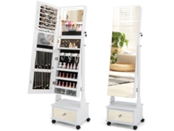 Armario para Joyas, Espejo Joyero de Pie Con Luces LED de 3 Colores, Espejo de Pie Cuerpo Entero con Cerradura, Cajón y 4 ruedas(Blanco) COSTWAY