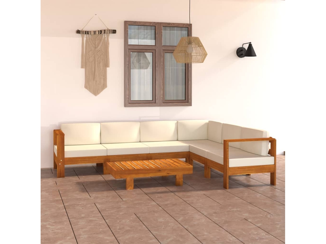 7 unidades Conj. Lounge De Jardim C/ Almofadões Branco Nata Acácia Dkd Decoración Del Hogar
