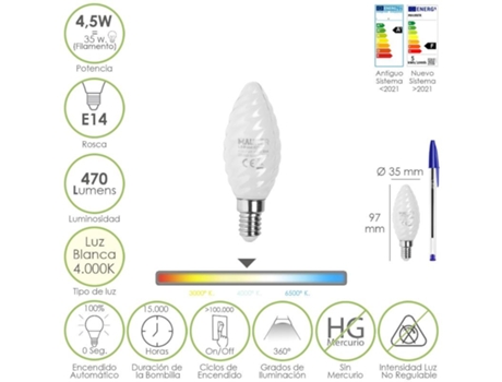 Bombilla led filamento vela esmerilada e14. 4,5 watt. equivale a 35 watt. 470 lumenes. luz neutra 4000 k.
