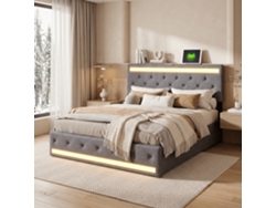 Estructura De Cama 180x200 Cm, Con 4 Cajones De Almacenaje, Cama Doble Tapizada En Lino, Con Puertos Usb Y Luces Led Rgb, Gris Oscuro