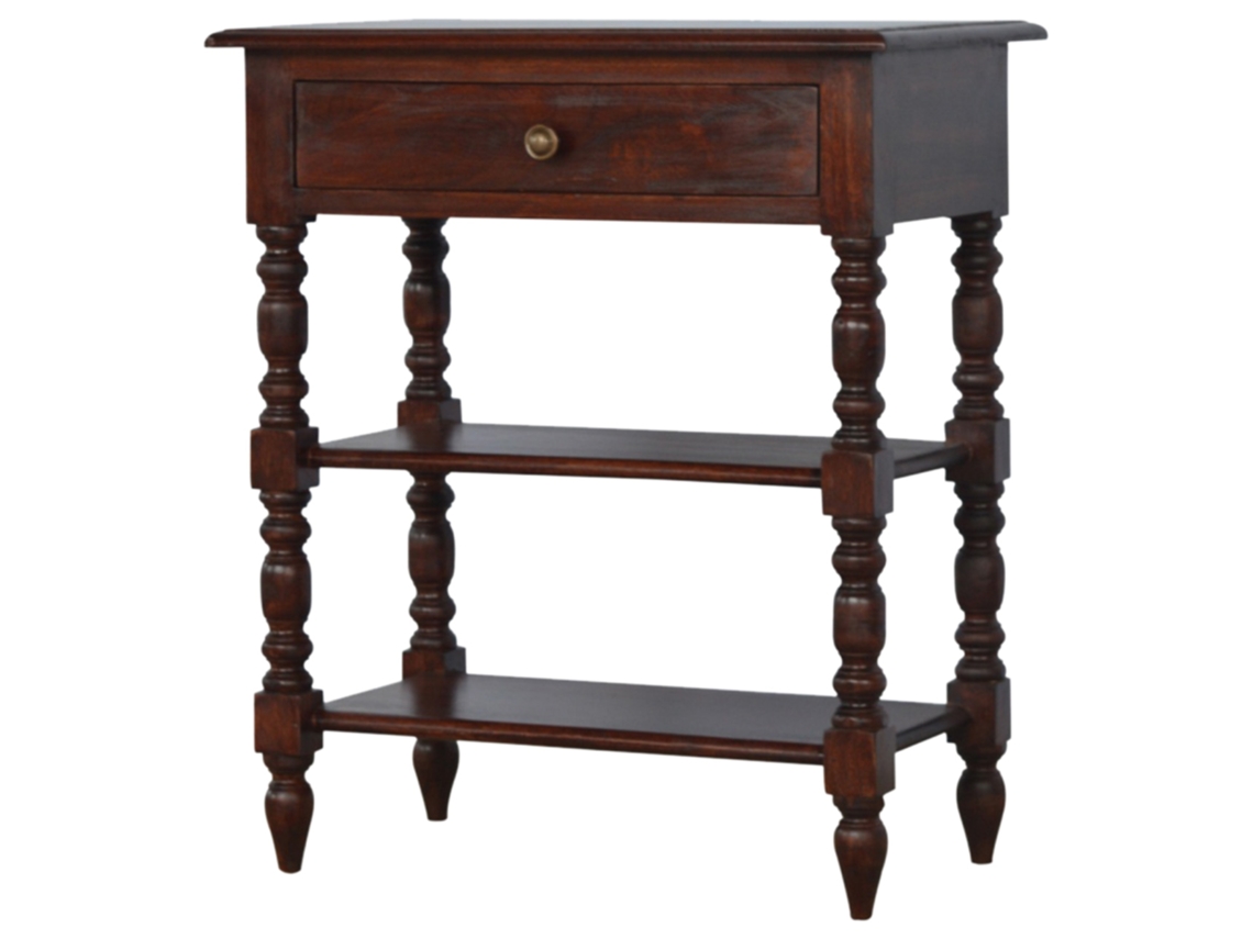Mesa auxiliar de madera maciza torneada, 1 cajón y 2 estantes abiertos, marrón oscuro - Muebles artesanales