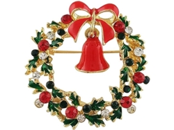 Broche Navideño Con Pedrería, Lazo, Guirnalda Y Campana En Pintura Al Óleo - Accesorio De Moda