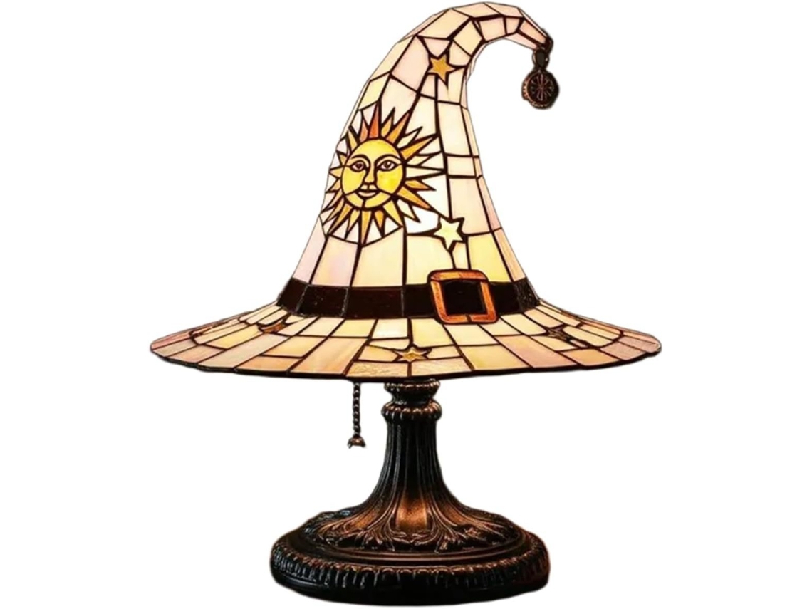 Luz de noche con forma de sombrero de bruja y vitral, ideal para decoración de Halloween, recargable por USB, 30 cm, color rosa