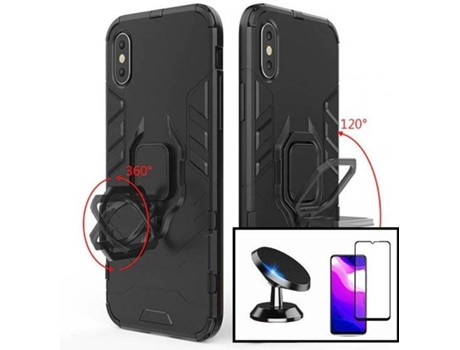Kit Protector de Cristal Templado 5D Full Cover, Funda 3X1 Military Defender y Soporte Magnético de Coche Xiaomi Redmi 9A Sport PHONECARE Negro