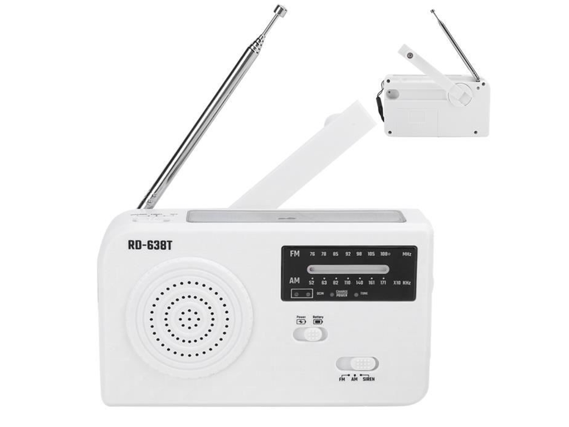 Radio solar Rd638 movido a energía solar de emergencia multifuncional manivela radio ABS soporte casete de vídeo blanco