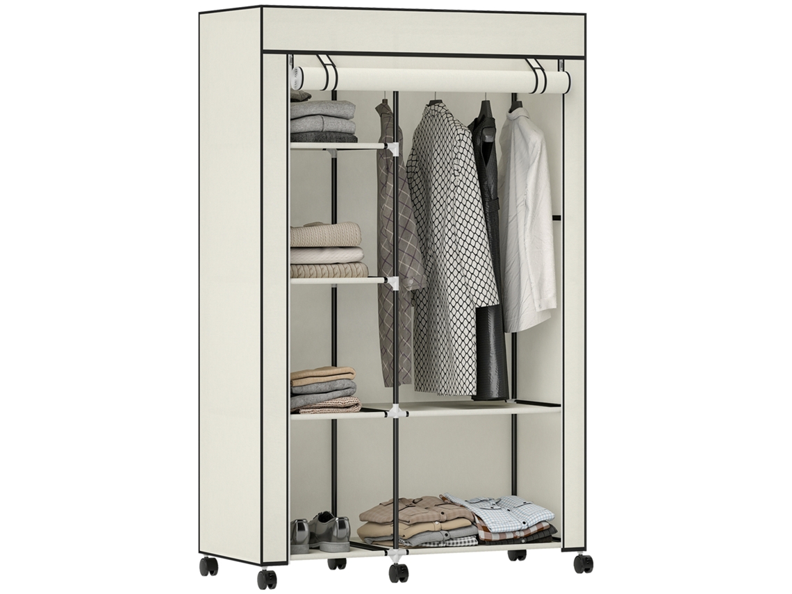 Guarda Roupa Tecido Rodízios 6 Prateleiras Cabideiro Creme Portátil 103x43x162