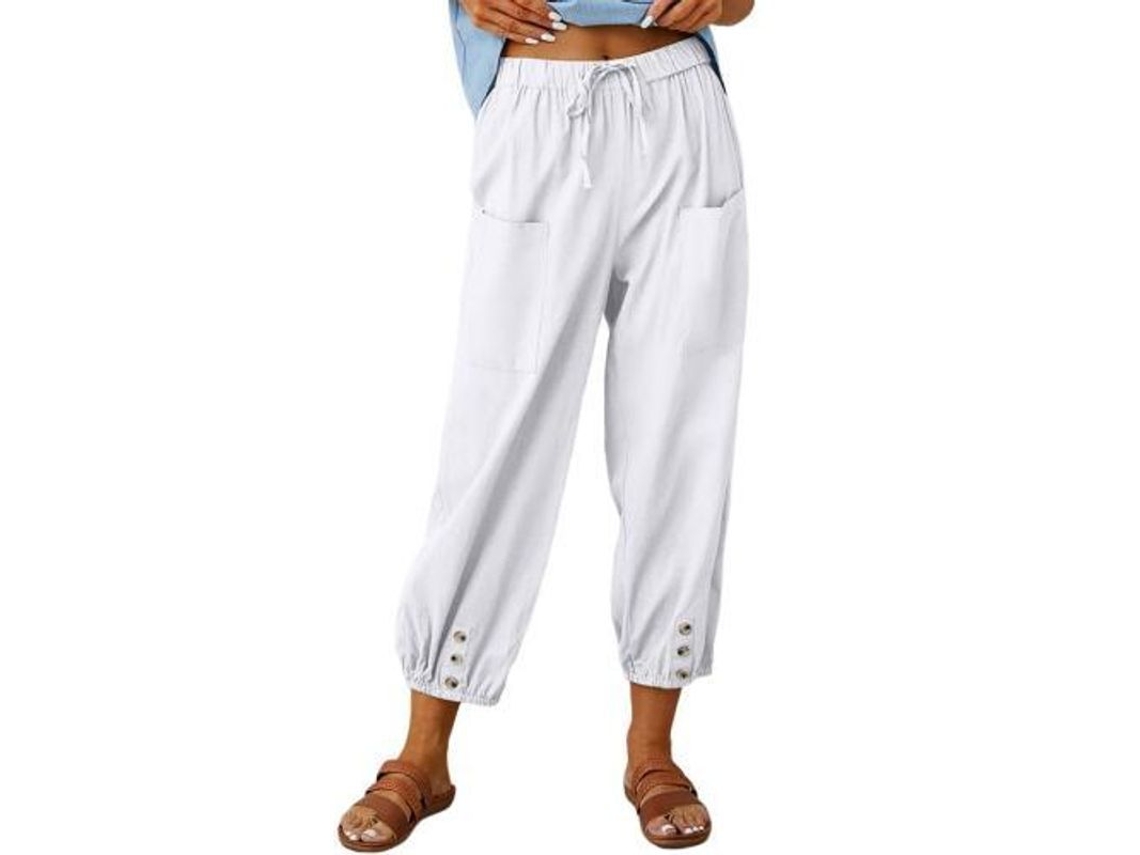 Pantalones Holgados De Lino Para Mujer Con Bolsillos, Pantalones Tobilleros Ajustables Para Verano.