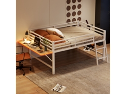 Cama Baja 140x200 Cm - Sin Colchón, Barandilla, Escalera, Escritorio, Tira Led - Blanco