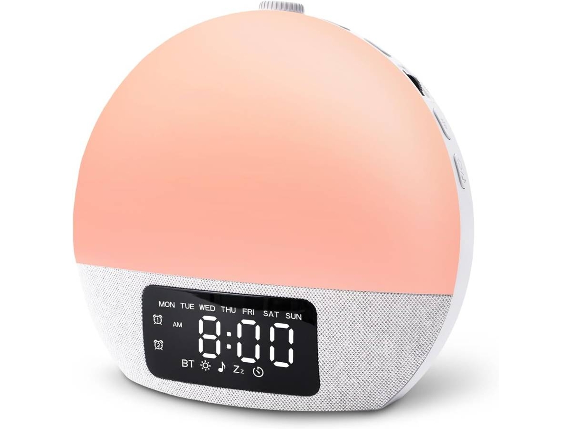 Despertador de amanecer con ruido blanco, 25 sonidos relajantes y 17 luces nocturnas (blanco)
