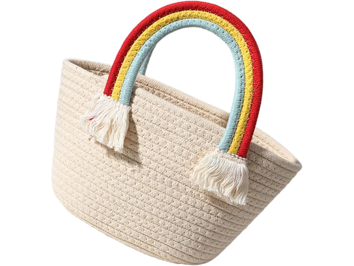 Bolso De Mano De Cuerda De Algodón Tejido A Mano Con Asas De Arcoíris Y Cesta De Almacenamiento Tejida A Mano.