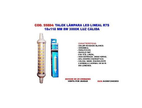 Talox lampara led r7s 18 x 118 mm lineal r7s 8w 3000k luz calida