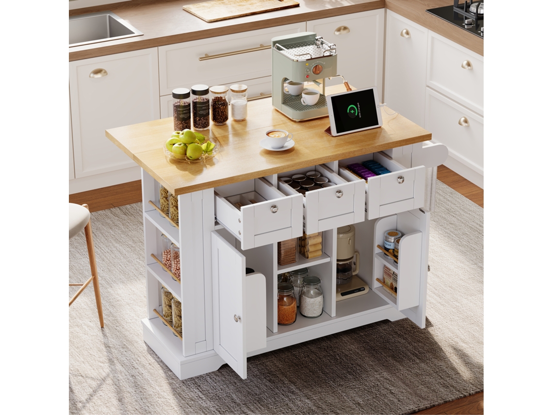 Mesa de Cocina Móvil 132 cm, Encimera Plegable, Mueble Multifunción, Cajón, Especiero, Toallero, 5 Ruedas, Llenador Integrado Zkaka