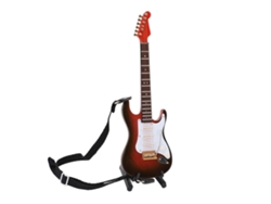 Modelo de guitarra eléctrica en miniatura fabricado en madera de balsa con soporte y cubierta decorativa para mesa o estante.