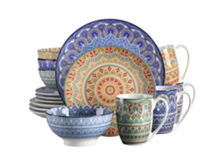 Vajilla de cerámica con diseño de mandala bohemio, disponible en varios colores y azul, 16 piezas.