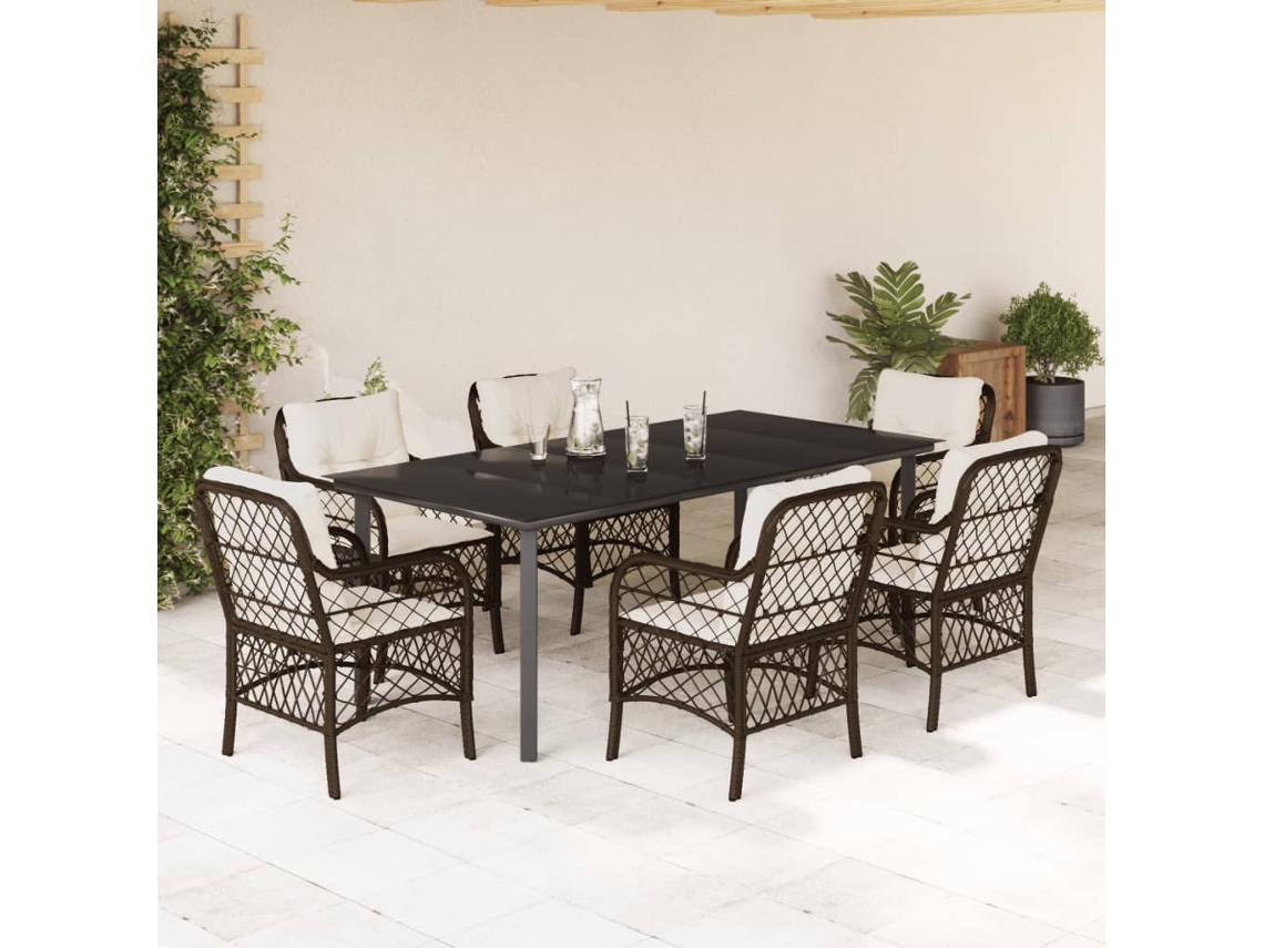 Juego de comedor de jardín de 7 piezas con cojines de mimbre marrón DKD Home Decor