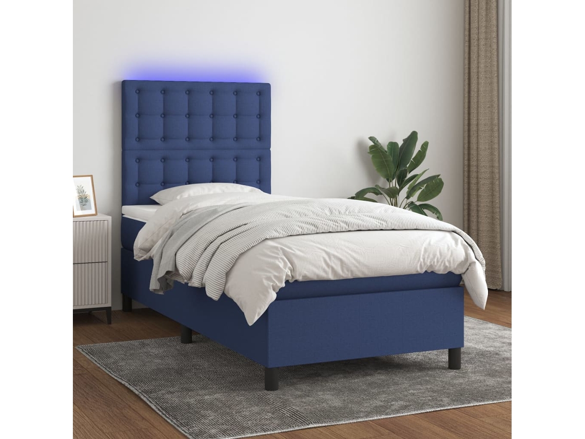 Cama Box Spring Colchón Y Luces Led Tela Azul 100x200 Cm