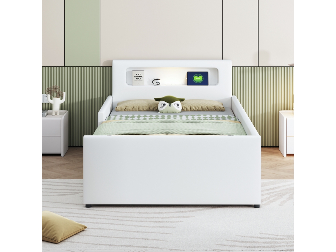 Cama infantil con cajón 90x200 cm - Con LED y puerto USB - En piel sintética - Blanco