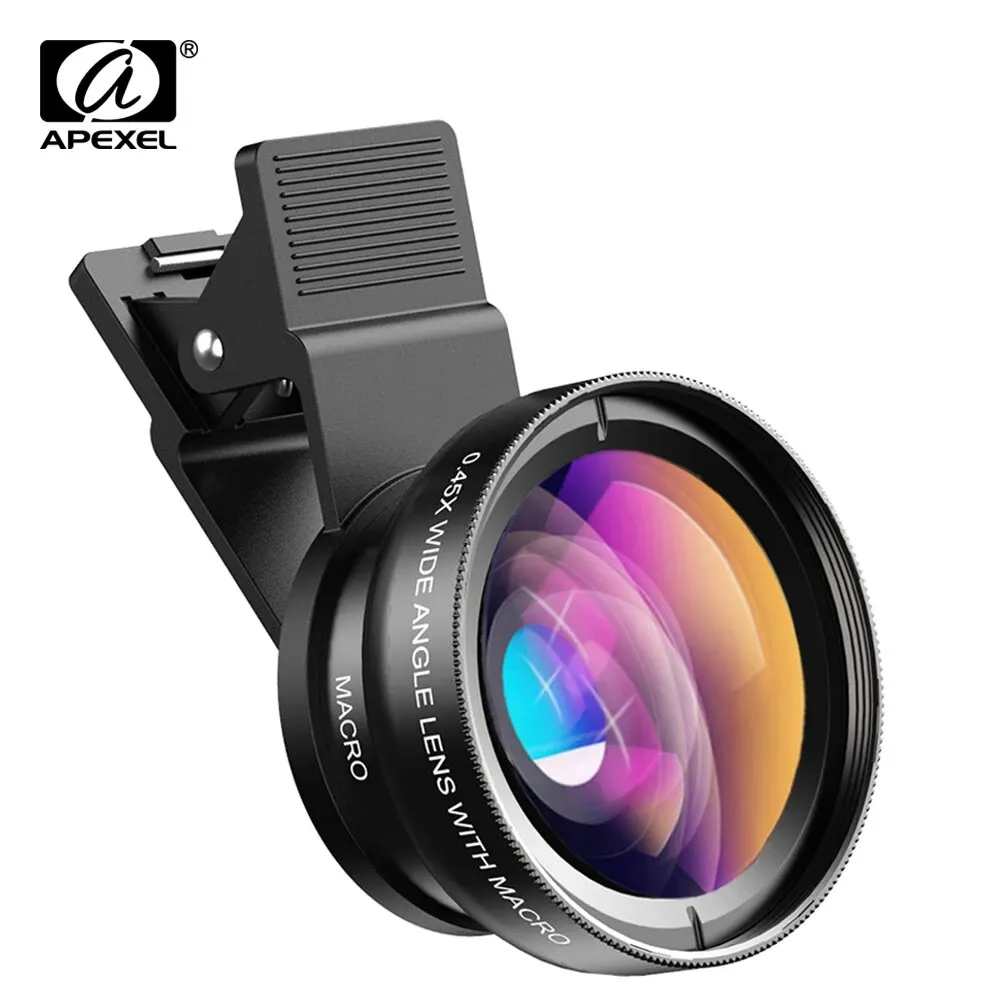 Kit de lentes para celular: Lente súper gran angular 0.45x, lente macro 12.5x HD, compatible con casi todos los celulares, color negro.