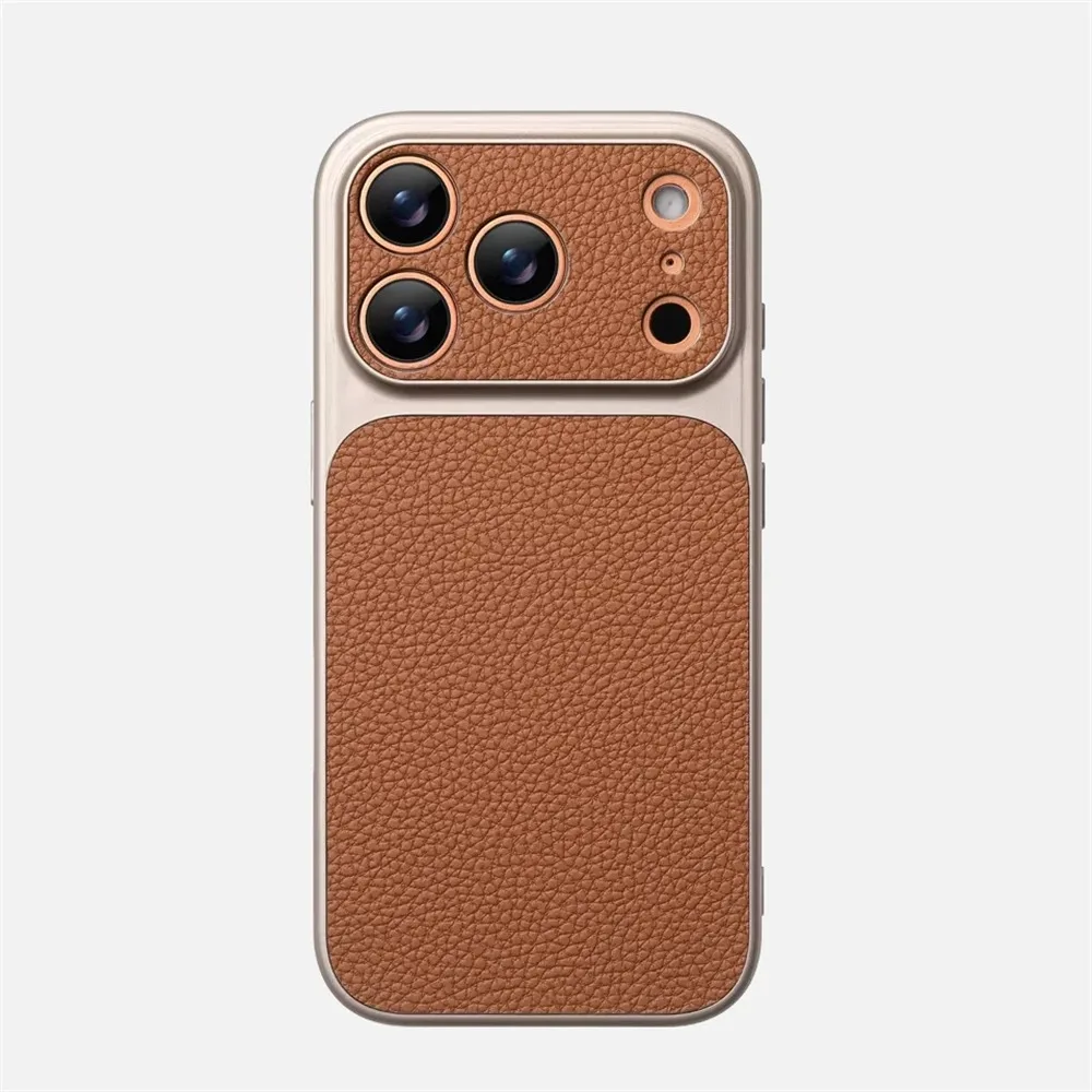(iphone 15 Pro Marrón) Elegante Funda Para Iphone Con Textura De Cuero Y Protección Para La Lente.