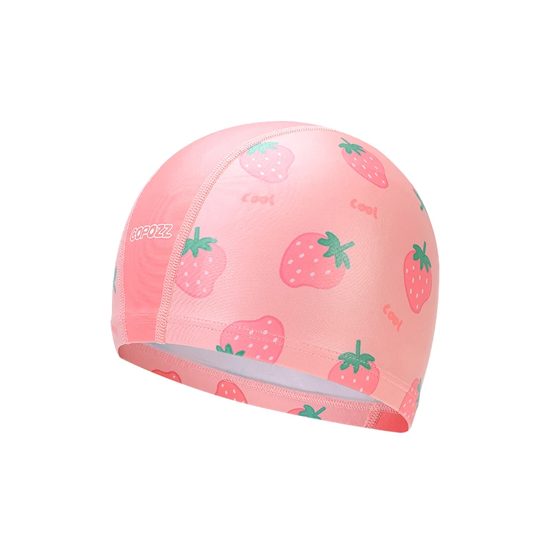 Gorro de natación infantil MDUG con estampado de fresas, impermeable de PU con protección para las orejas.