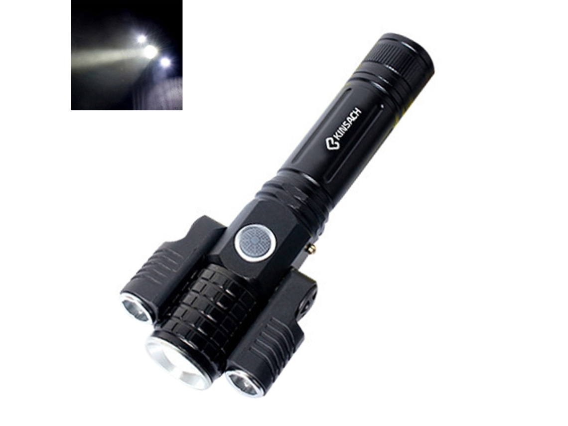 Linterna LED T6xpe con enfoque giratorio, recargable vía USB y cuatro modos de iluminación.