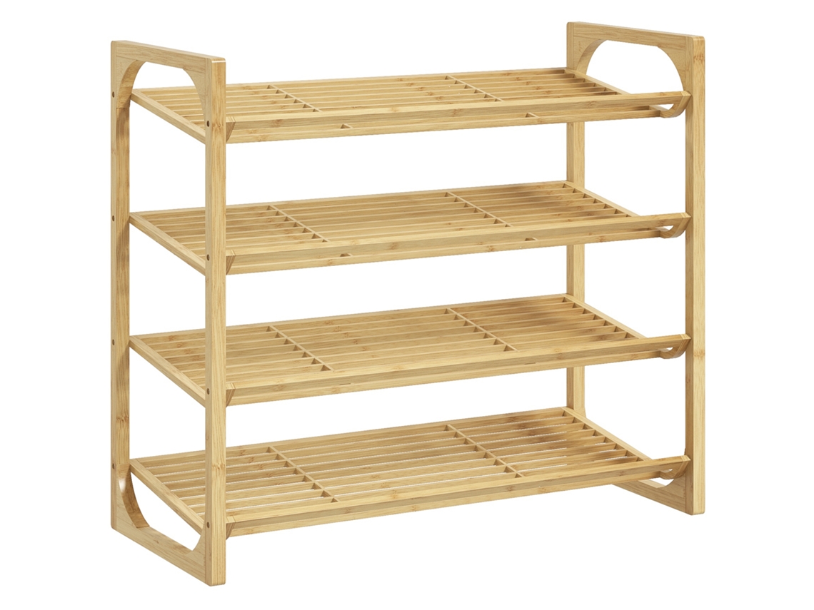 Zapatero de bambú, altura del estante 15,5 cm, diseño de listones ventilados, 76 x 33 x 67 cm, efecto madera natural.
