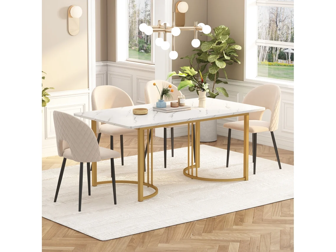Mesa De Comedor 140x80 Cm Con Patas Ajustables - Estructura De Metal - Chapa De Mármol - Blanco Y Oro