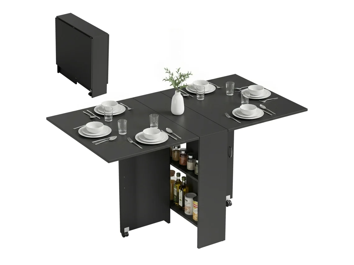 Mesa de cocina/comedor plegable, desmontable, con ruedas, 75 x 140 x 74 cm, color negro.