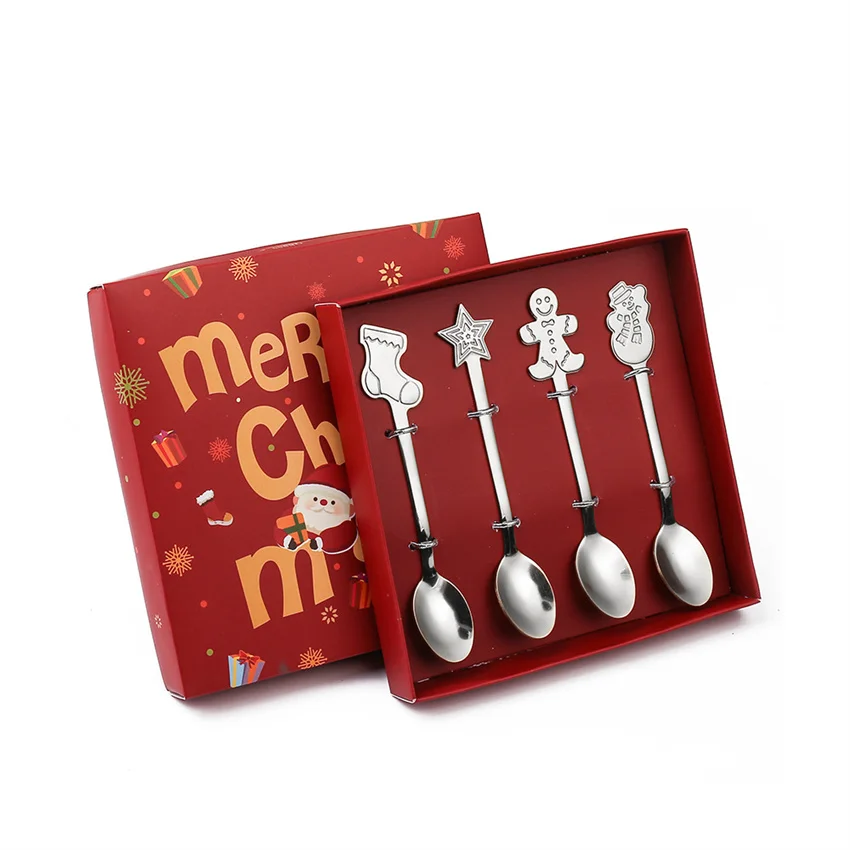 Cuchara navideña de acero inoxidable plateada con caja de regalo, cuchara de postre con forma de hombrecito de jengibre Mdug (a)