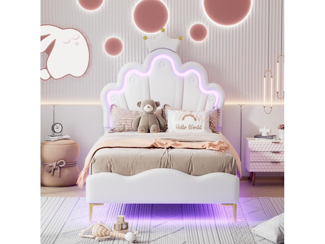 Cama De Princesa De 90x200 Cm En Piel Sintética Blanca Con Iluminación Led Regulable Y Cabecero Tapizado En Forma De Corona.