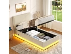 Cama Tapizada De 90x200 Mm Con Cabecero Ajustable Led Usb C Y Pana Beige.