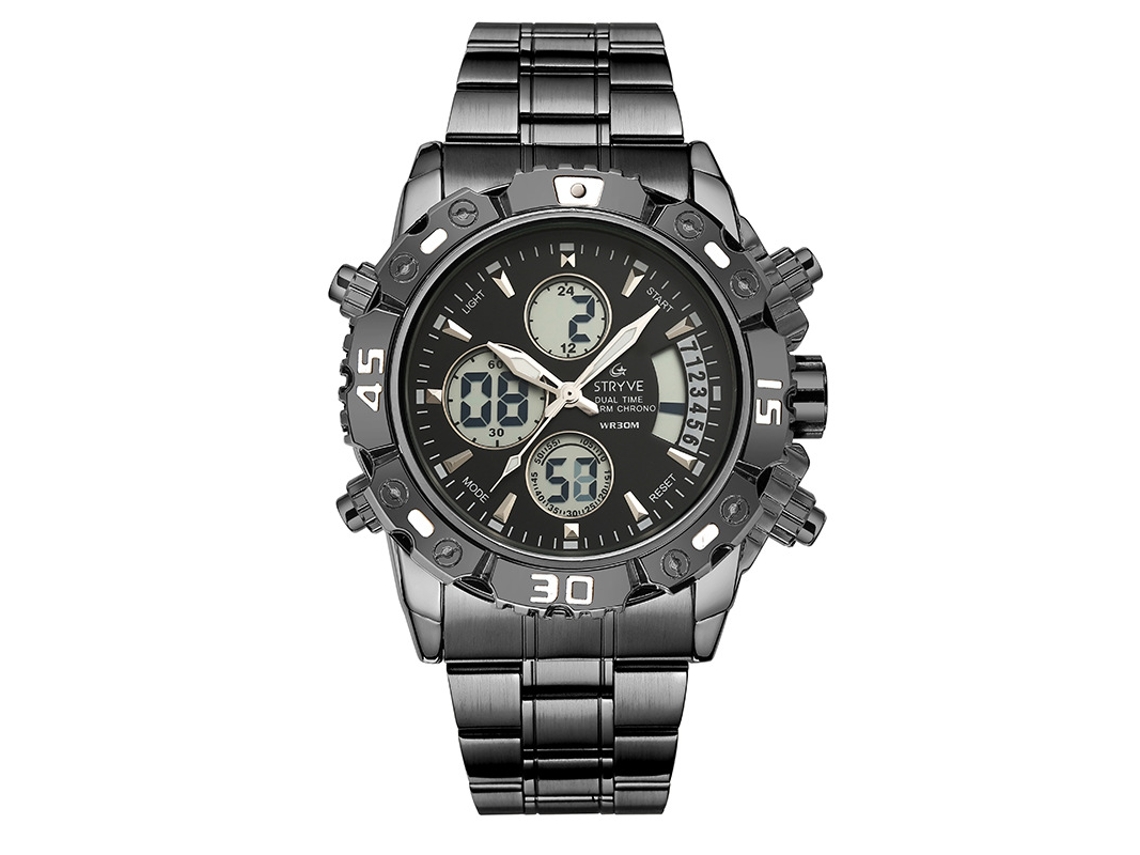 Reloj Electrónico Multifuncional Para Hombre, De Acero Inoxidable Con Doble Movimiento, Resistente Al Agua Y Luminoso (blanco Y Negro).