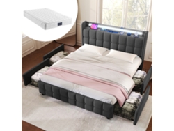 Cama Doble De 140x200 Cm Con Espacio De Almacenamiento, Cabecero Con Usb E Iluminación Led, 4 Cajones, Estructura De Madera, Color Gris, Con Colchón.