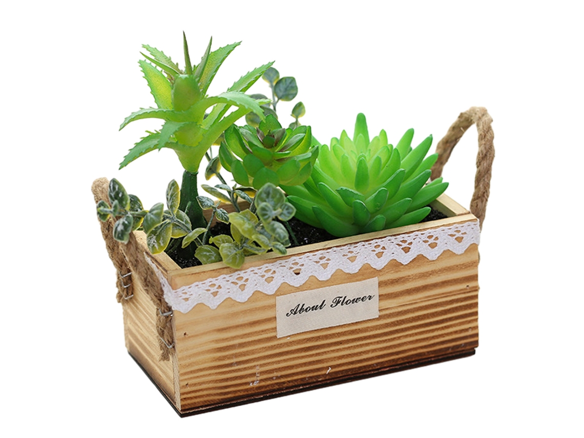 Florero de madera con forma de cesta, bonsái suculento, combinación de flores artificiales, decoración del hogar RNEMITERY